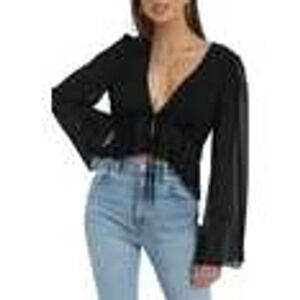 Black Sheer Bell Sleeve Tie Front Crop Top Blouse Womens Large Whimsigoth Grunge